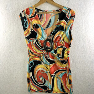 VTG Womens Psychedelic‎ Tunic Top Sz M Groovy Y2K Slinky Disco 70s Costume